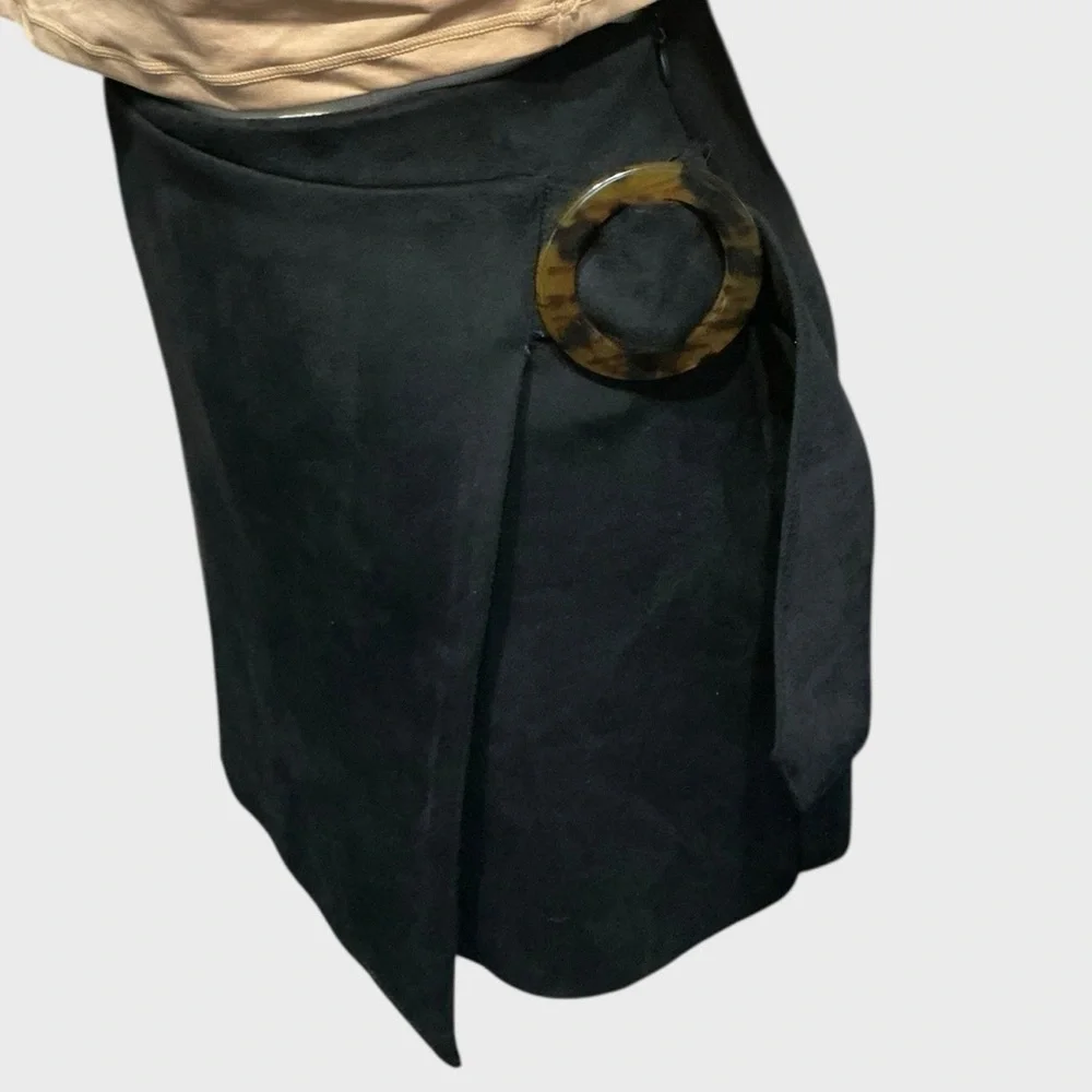 ZARA Black Faux Suede Wrap Skort Tortoise Ring Buckle Large